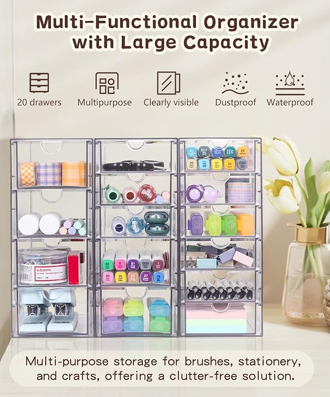 VZKAH Clear Acrylic Organizer with Drawers | 15-Drawer Desktop Unit | Makeup & Desk Organization and Storage Box for Office, 