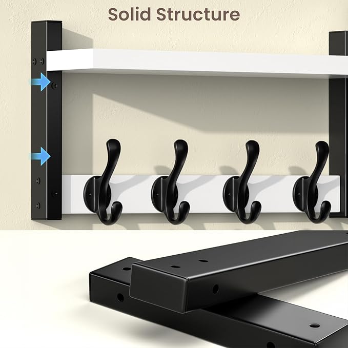 29'' White Coat Rack Wall Mount with Shelf, Solid Wood Coat and Key Hanger with 11 Metal Hooks, Farmhouse Wall Organizer for 