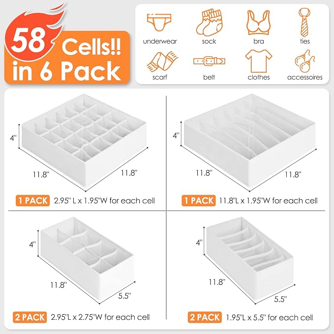 6 Pack Sock Underwear Drawer Organizer Dividers, 58 Cell Foldable Fabric Dresser Closet Organizers and Storage Bins for Cloth
