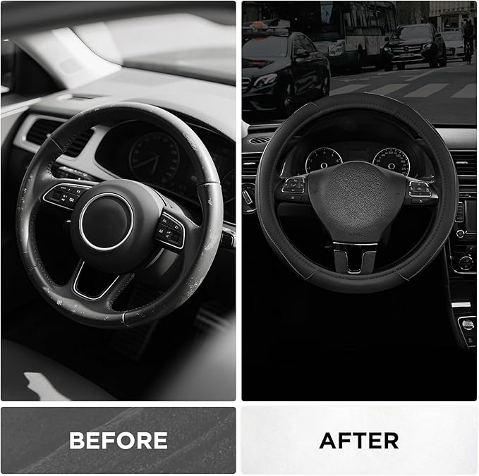 Road Comforts Leather Steering Wheel Cover with Decorative Trim and Piping, Anti-Slip Breathable Design, Fits 14.5–15 Inch Ro