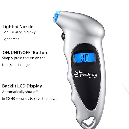 PINKJOY Digital Tire Pressure Gauge 4 Pack 150 PSI, 4 Settings, Tire Gauge for Car, Truck, Motorcycle, Bicycle with Backlit LCD and Non-Slip Grip (Silver)