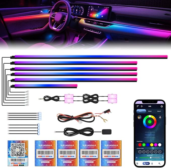 New Version Dreamcolor Acrylic Car Interior Lights 18 in 1 RGB Car Ambient Lighting Kit APP Control Zoned Control System 252 Color Modes DIY 16 Million Colors Music Sound Active Neon Light Kits