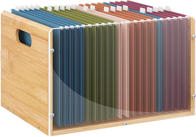 Sbanmao Letter/Legal Bamboo Acrylic File Box Organizer, Hanging File Folder Storage Boxes, Decorative Document Crate Transpar