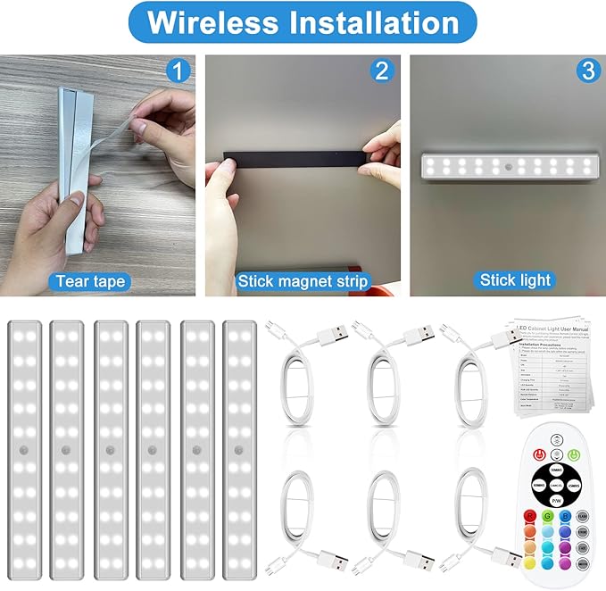 Under Cabinet Lighting Wireless with Remote, 48 LED Rechargeable Under Cabinet Lights, Kitchen Counter Lights Dimmable LED Closet Light RGB Bar for Shelf, Car, Hallway, 15 Color Changing, 6 Pack