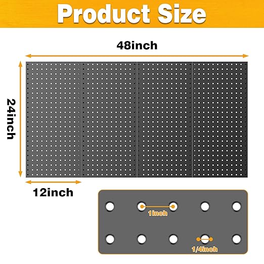 Pegboard Smith Metal Pegboard Panels 12" x 24", 4 Pack Black Wall Mounted Tool Organizer Boards, Heavy Duty Tool Storage Peg 