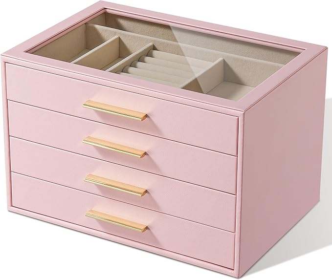 pickpiff Jewelry Box Organizer Case for Women: 4-Layer Jewelry Storage Case with Glass Window, Pink Leather with Velvet Holde