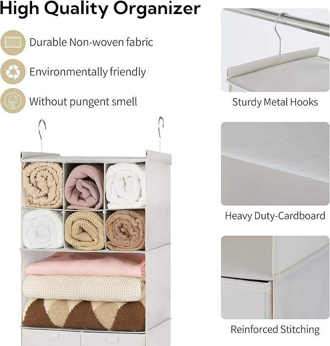 GRANNY SAYS Hanging Closet Organizer with Drawers, 4 Shelf Dividers Closet Hanging Organizer, Foldable Hanging Shelves for Cl