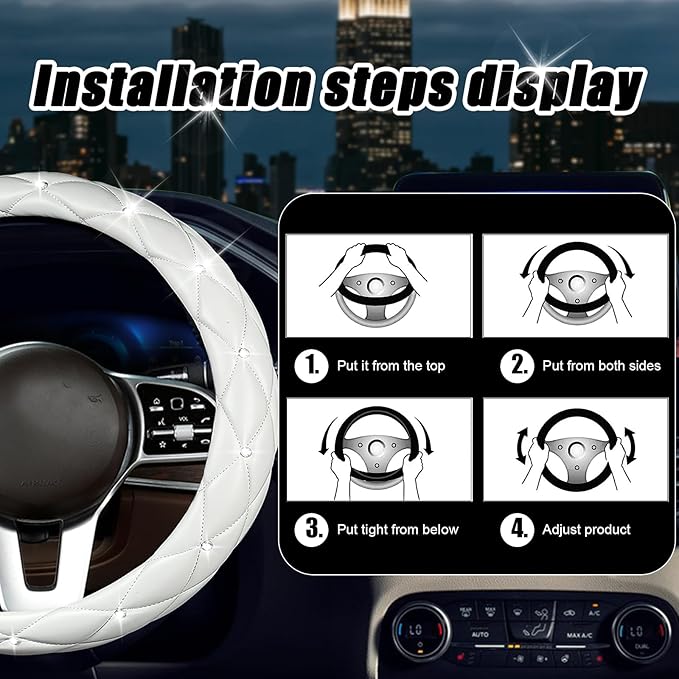 SuperKaKa Steering Wheel Cover, Auto Cute PU Diamond Bling Breathable Soft Comfort Leather Car Interior Accessories Sparkly F