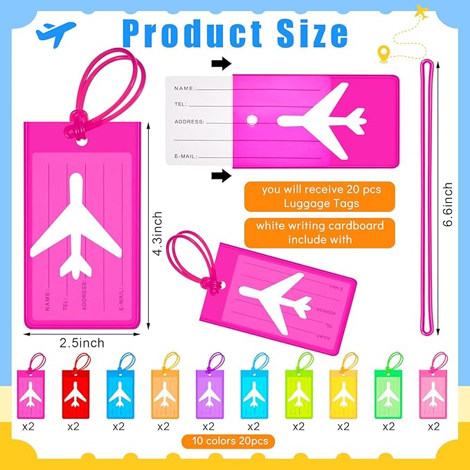 Sumind 20 Pcs Plastic Luggage Tags Assorted Name Identification Labels Flexible Suitcase Tags for Travel Baggage, 10 Colors (