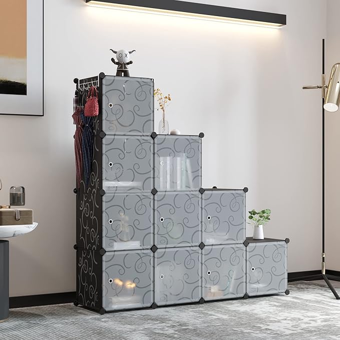 C&AHOME Cube Storage Organizer with Doors, 12-Cube Shelves, Closet Cabinet, DIY Plastic Modular Bookshelf Ideal for Bedroom, 