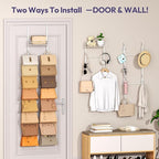SWTYMIKI Over the Door Purse Organizer - Wall Mounted Handbag Organizer with 16 Hooks and Metal Basket, Hanging Purse Storage