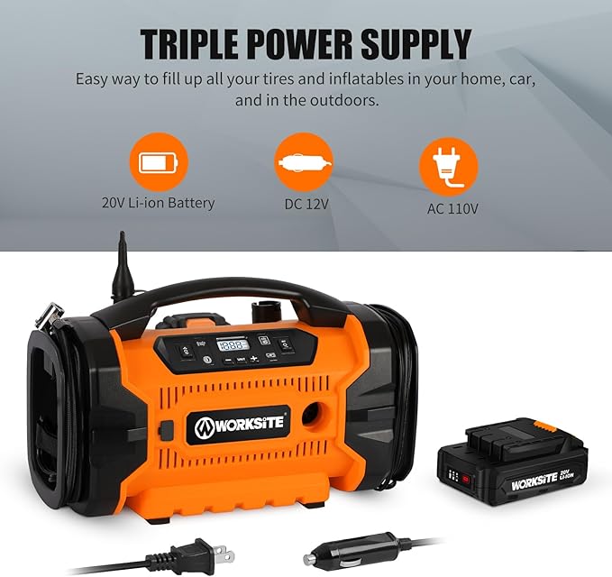 WORKSITE Tire Inflator Air compressor Portable, 160 PSI Car Tire Pump with 3 Power Supply (110V AC, 12V DC & 20V Battery) for cars, bikes, balls,Orange