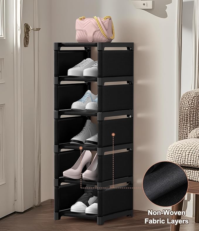 6-Tier Narrow Shoe Rack, Vertical Small Space Shoe Organizer, 9.84" Compact Slim Shoe Shelf for Closet & Entryway, Sturdy & T