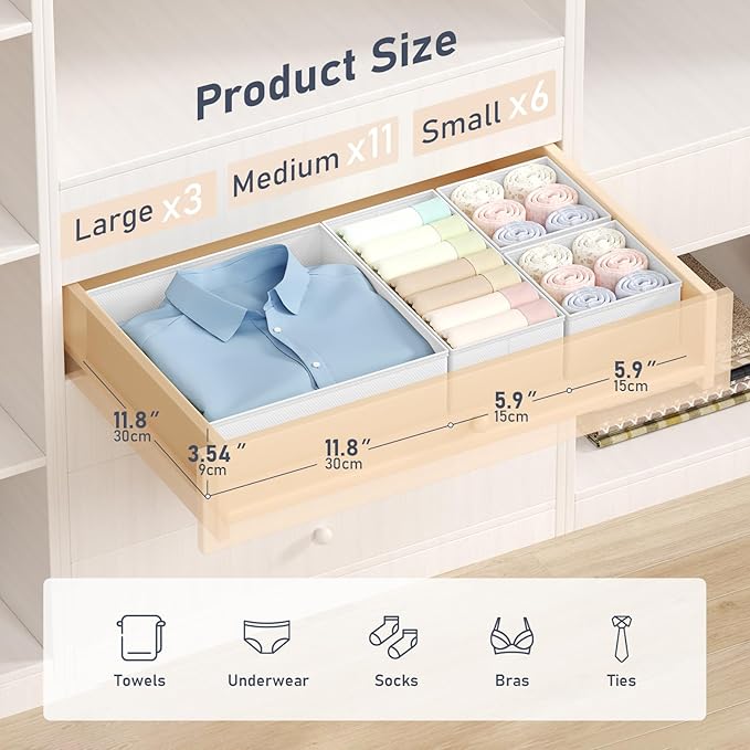 DIMJ Drawer Organizer Clothes - 20 Pack Closet Drawer Organizer Bins for Baby Clothes Storage, Fabric Dresser Organizer for N