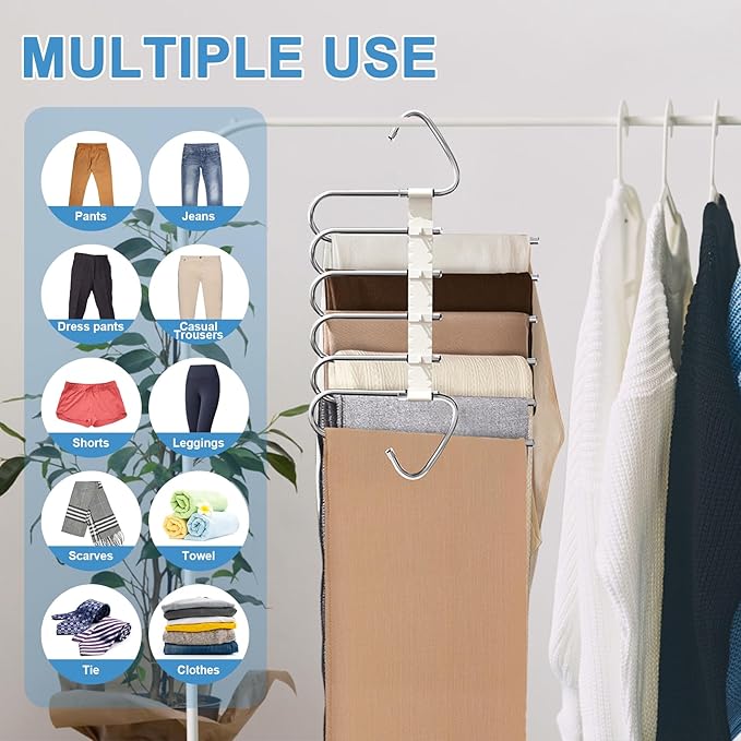 Upgrade 6 Layers Pants Hangers Space Saving, 2 Pack Non Slip Stainless Steel Multifunctional Pants Rack S-Type Pant Closet Ha