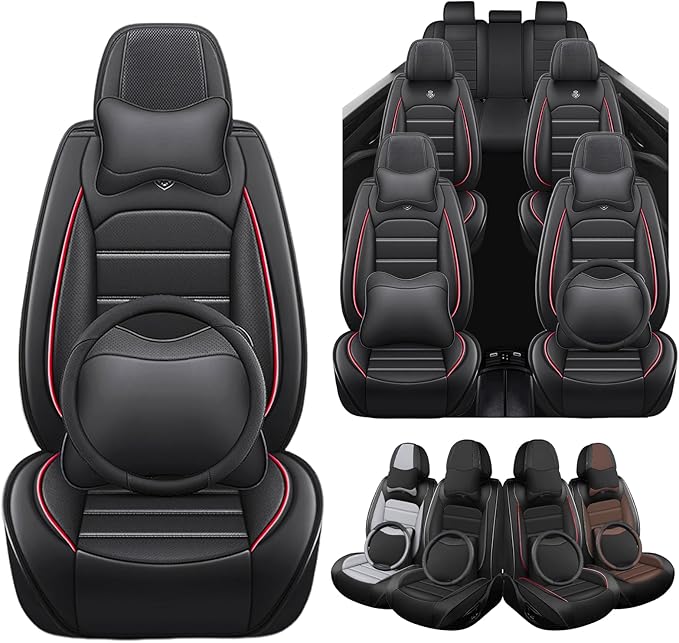 Seat Covers Fit for GMC Yukon XL 2000-2026, 7 Seat, Compatible Airbag Non-Slip Waterproof Leather Seat Cover, Luxury Interior Full Set with Pillow Steering Wheel Covers, Black Red