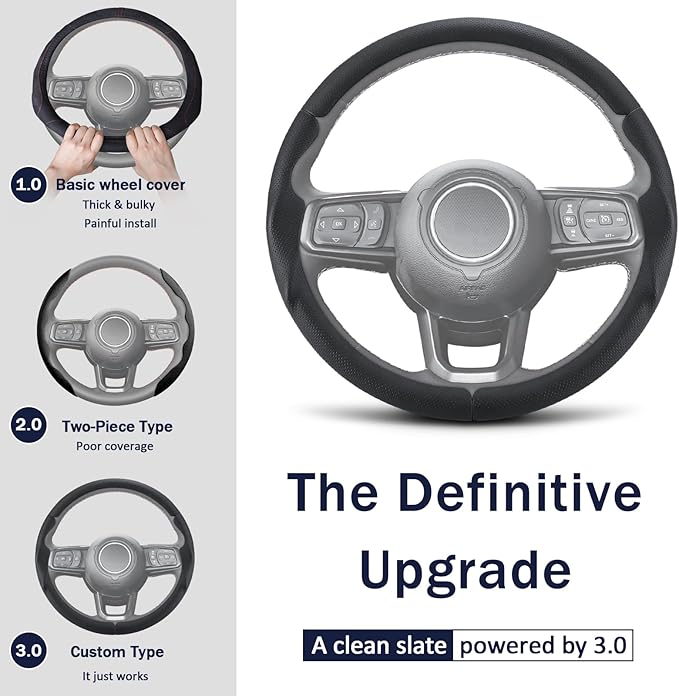 3-Piece Leather Steering Wheel Cover, Custom Fit for Jeep Wrangler 2018-2026 Gladiator 2020-2026,Quick Install Ultra-Thin & Non-Slip,Interior Car Accessories for Men Women(Black Hole)