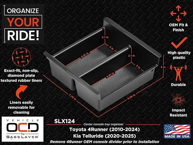 Vehicle OCD - Center Console Organizer Tray for Toyota 4Runner (2010-2024) and Kia Telluride (2020-2026) - Made in USA - SLX124