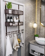 Consumest Over The Door Hooks Organizer - Extra Long Door Hanger with 9 Coat Hooks & 2 Mesh Basket, Back Storage Organizer Ha