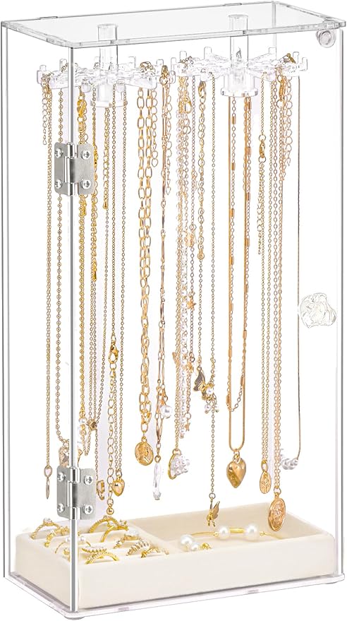 Necklace Holder, Acrylic Necklace Organizer, Rotatable Clear Jewelry Holder Organizer Display Case for Long Necklaces Pendant