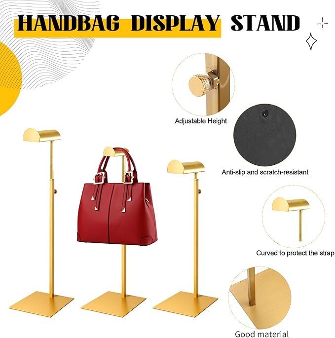 Purse Display Stand 3PCS Handbag Bag Stand Purse Rack Golden Stainless Steel Hanging Hook Stands Vendors Tabletop Adjustable 