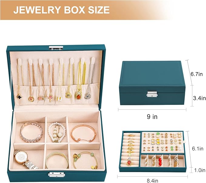 Jewelry Organizer Box Leather Jewelry Box for Girls Womens Earring Organizer with Lock Double Layers Jewelry Case Removable T