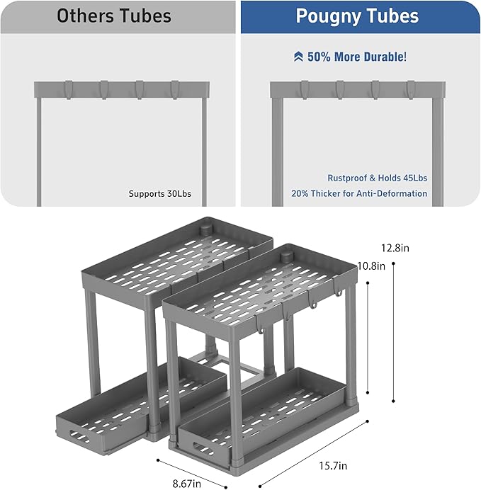 2PC Under Sink Organizer Rack 2 Tier Under Sliding Cabinet Basket Organizer Drawer with 4 Hooks, Multi-purpose Under Sink Sto