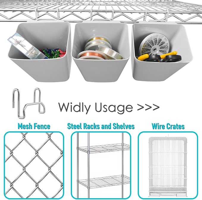 G.CORE Large Grid Wall Bins - 6Pack Gray Gridwall Accessories Hanging Cups with Back Hooks - Plastic Grid Wall Panels Organiz