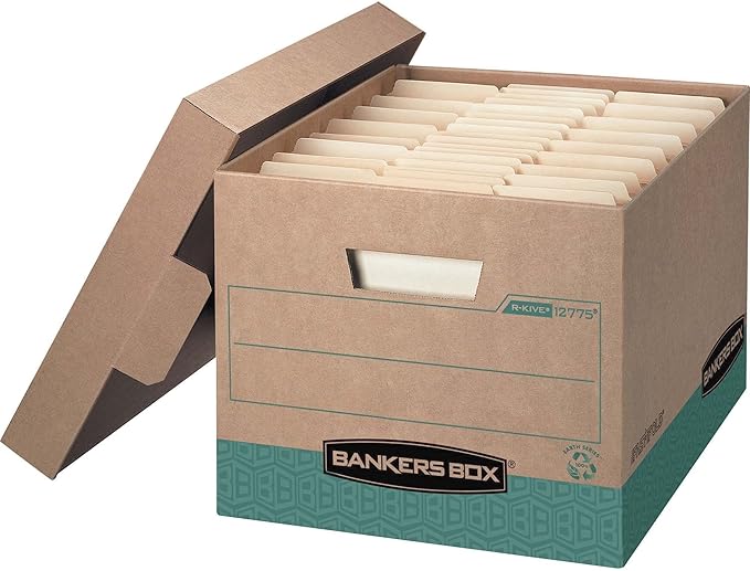 Bankers Box 12-Pack 100% Recycled R-Kive Heavy Duty File Storage Boxes with Lids, FastFold Assembly, Letter/Legal, (12775)