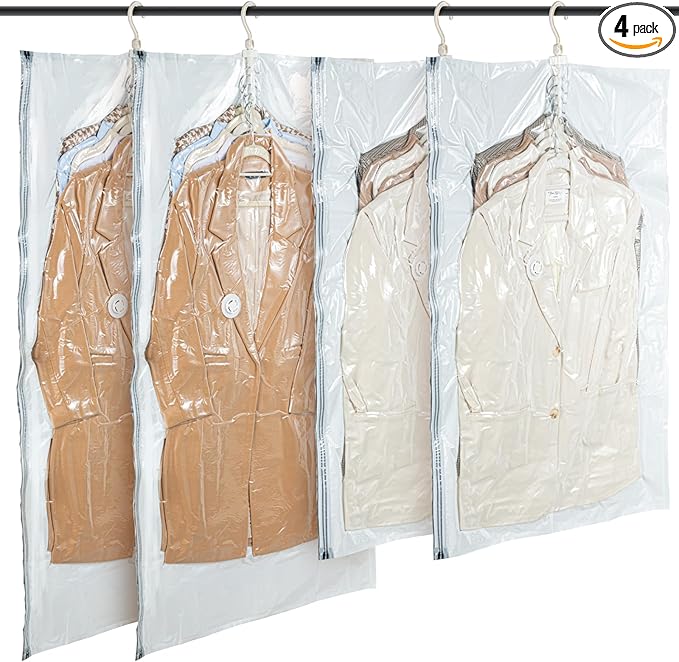 Hanging Vacuum Storage Bags – 4 Pack (2 Long, 2 Short) Hanging Vacuum Seal Bags for Clothing, Closet Organizer Space Saver fo