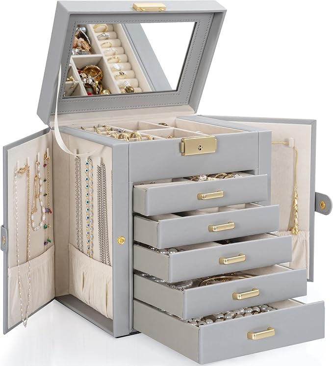 TORIBIO Large Jewelry Box for Women, Leather Jewelry Organizer with Mirror & Lock, 6-Tier Jewelry Storage Case for Girls/Wome