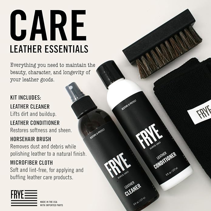 Frye Leather Care Kit – 4 Piece Set with U.S.-Made Leather Cleaner & Conditioner – Brush, Cloth, and Gift Box – Leather Shoe 