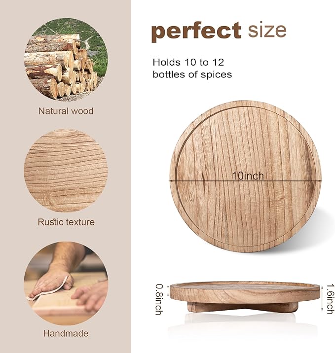 Round Decorative Tray Wood Bathroom Counter Organizer Farmhouse Kitchen Decor Wooden Riser for Soap Dish, Perfume, Candle, Sp