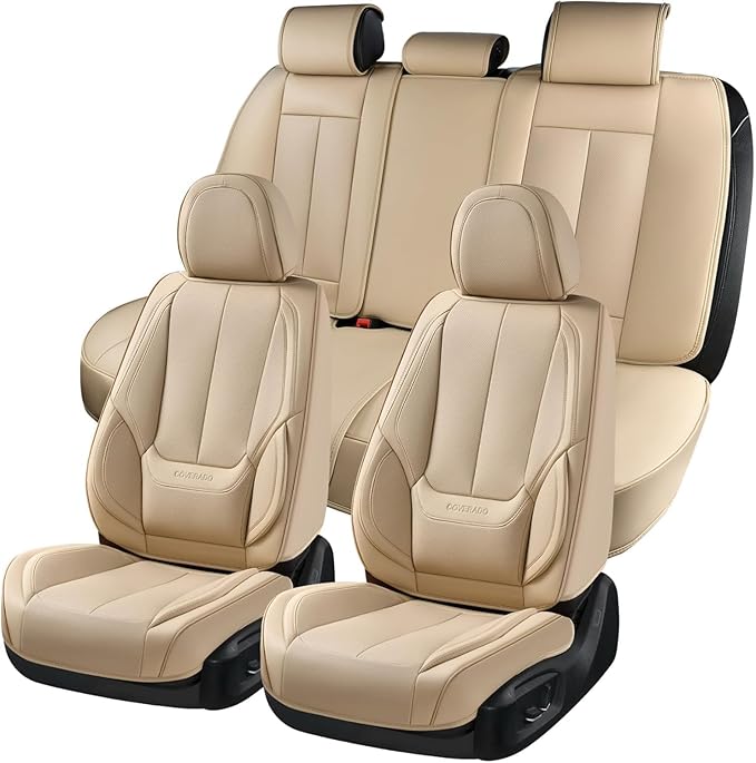 Coverado Car Seat Covers Full Set, Car Seat Protector Waterproof, Nappa Leather Car Seat Cushion, Beige Seat Covers for Cars,