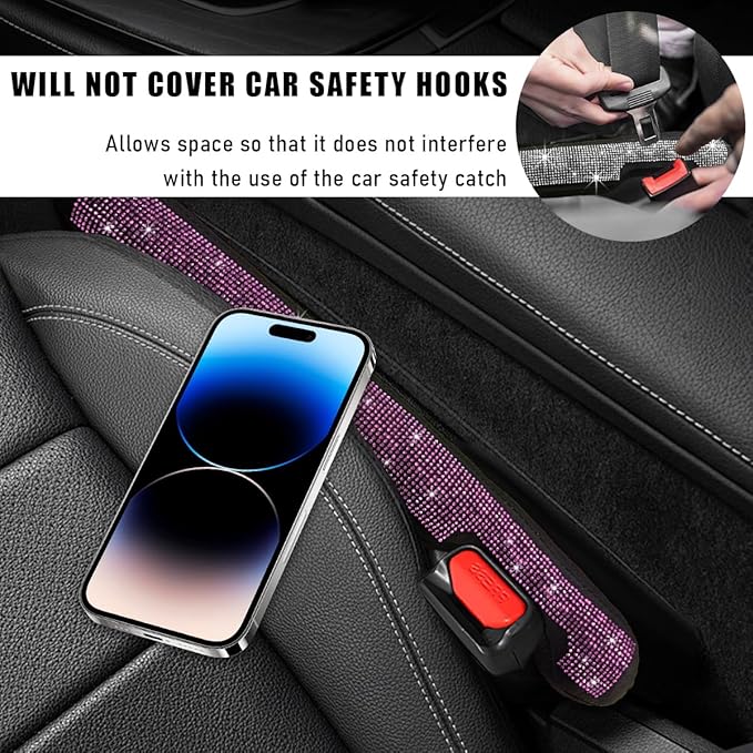 2PCS Bling Car Seat Gap Filler, Sparkling Rhinestone Side Seat Gap Blocker Stop Things from Dropping, Soft Foam Car Truck Filler Blocker Fill The Gaps Between Seats and Console (Pink)