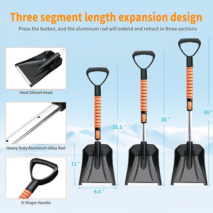43.3'' Snow Shovel & Snow Brush with Ice Scrapers for Car Windshield,5-in-1 Extendable Thicken Aluminum Tube,180° Pivoting Brush Head & Foam Grip for Christmas, Cars, Trucks, SUVs, Vehicle(Orange