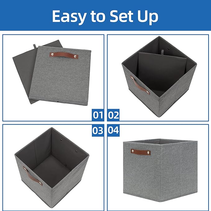 Temary 12x12 Storage Cube Bins 4 Pack Fabric Storage Cubes Storage Bins with Leather Handles, Storage Baskets Foldable Cube O