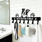 Border Collie Key Holder Wall Mount, Dog Leash Holder for Wall with 7 Hooks, Let‘s Go for a Walk Sign, Metal Black Entryway K