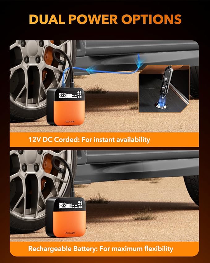 OXILAM C2 Tire Inflator Portable Air Compressor - 150PSI 4X Faster Air Pump for Car Tires with Tire Pressure Gauge, 12V Car Power Adapter, For Cars, Motorcycles, Bikes, Balls and More