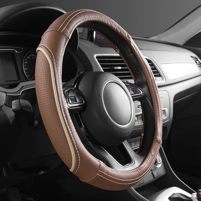 CAR PASS Brown Delux Leather Steering Wheel Cover, Universal Fit for Suvs,Sedans,Vans,Small Trucks for 14.5" to 15"(Brown & B