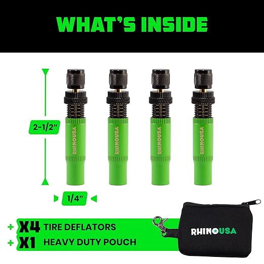 Rhino USA Adjustable Tire Deflator Kit (10-30 PSI) Ultimate Screw-on Automatic Tire Deflators for Offroad - Quick & Easy Air Down System for The Trails - Best Jeep Off Road Accessories (4-Pack) -Green