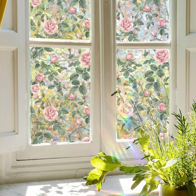 JOONOR Retro Pink Rose Flowers Window Privacy Film,3D Stained Glass Rose Rainbow Window Decals,Non-Adhesive Static Cling Sticker for Home Office,16.93 x 39.37 Inch