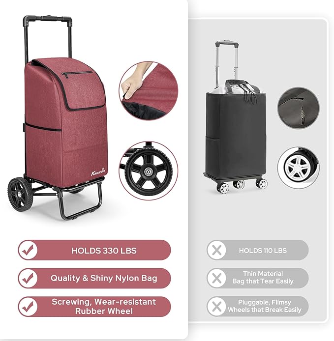 KEDSUM 2 in 1 Shopping Carts for Groceries, 330 lbs Grocery Cart on Wheels, Foldable Utility Carts with Wheels, Load-Bearing Hand Truck with Waterproof Bag for Shopping, Camping, Laundry, Garden, Red