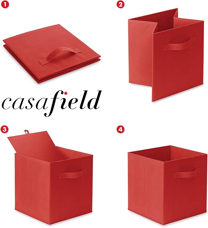 Casafield Set of 6 Collapsible Fabric Cube Storage Bins, Red - 11" Foldable Cloth Baskets for Shelves, Cubby Organizers & Mor