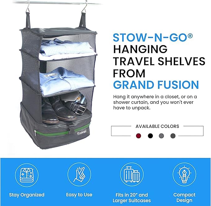 Grand Fusion Stow-N-Go Packing Organizer for Luggage, Portable Hanging Travel Shelves, Carry-On Closet, Hanging Packing Cubes