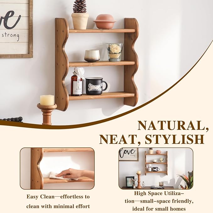 Solid Wood Wall Shelf 3-Tier,Small Side Table,Rustic Floating Shelves Wall Mounted Storage Rack,Rattan Drink Table, Round Sid