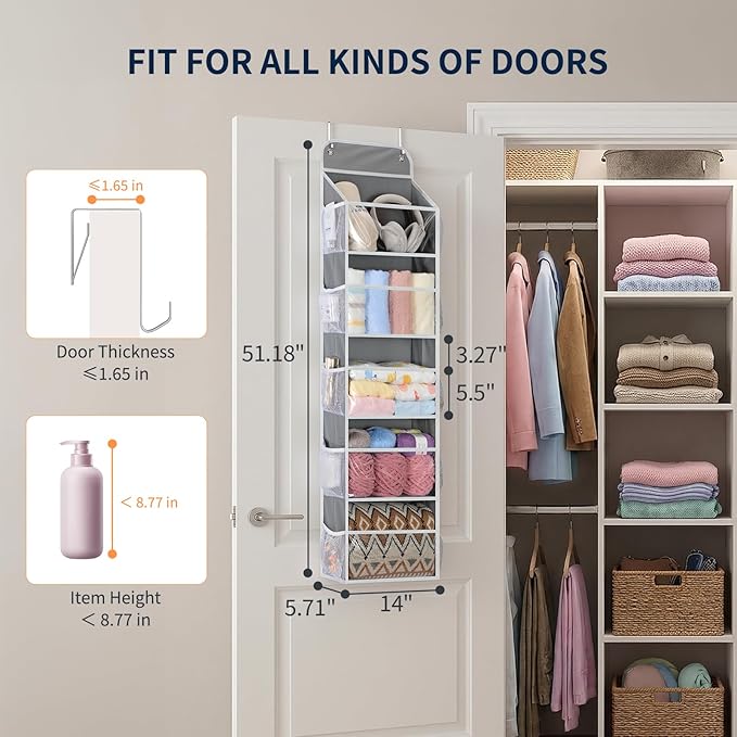 Yecaye 5-Tier Over the Door Organizer Hanging, Toy Stuffed Animal Storage, Behind the Door Storage with 5 Clear View Windows 