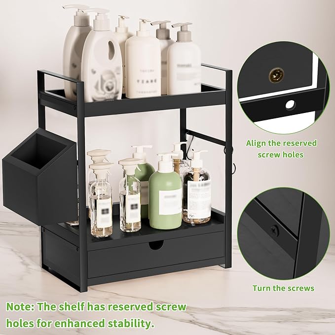 2-Tier Bathroom Counter Organizer with Drawer and Basket, Wood Countertop Organizer for Storage, Skincare Organizers for Vani