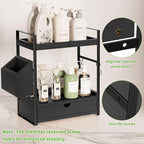 Kottwca 2-Tier Bathroom Counter Organizer with Drawer, Basket & Hooks, Wooden Vanity Shelf for Skincare, Perfume & Makeup Sto
