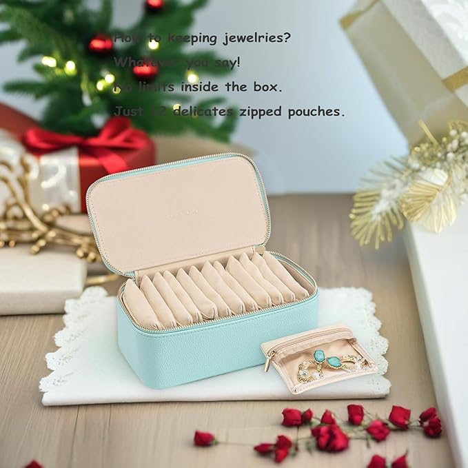 VLANDO Travel Jewelry Box Organizer – Portable PU Leather Jewelry Case with 6/8/12 Zippered Pouches, Compact Storage for Earr